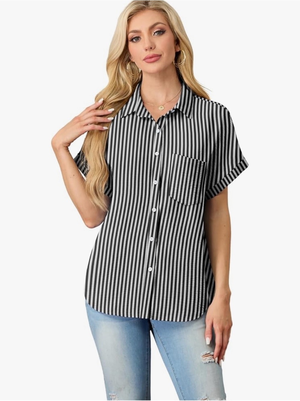 Black & White Striped Button Down Blouse 2XL NWOT Casual Collared Top